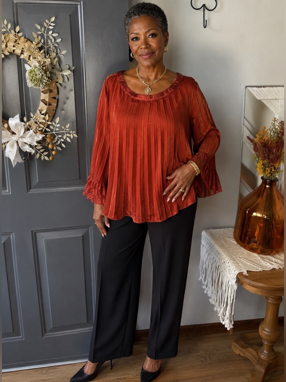 SOFT SURROUNDINGS Orange Velvet Pleated Plisse Lace Cuff Top Size Large Petite